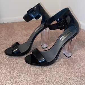 Black patent leather sandal heels